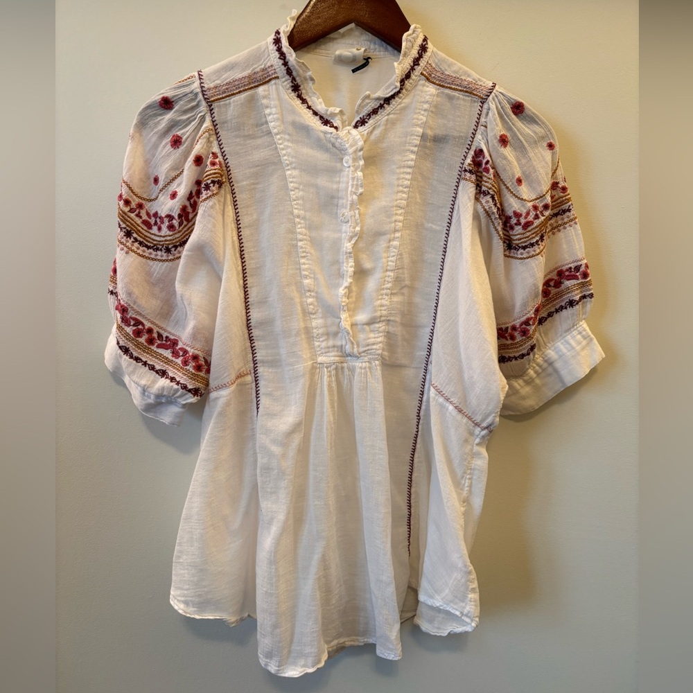 Anthropologie White Blouse with Red Embroidery